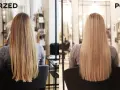 Przed i po: włosy przed zabiegiem były lekko falowane, po - idealnie proste i lśniące, w odcieniu złoty blond.