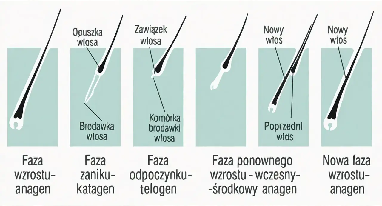 Cykl życia włosa: anagen, katagen, telogen. Widać mieszek włosowy, brodawkę i komórki tworzące nowy włos.