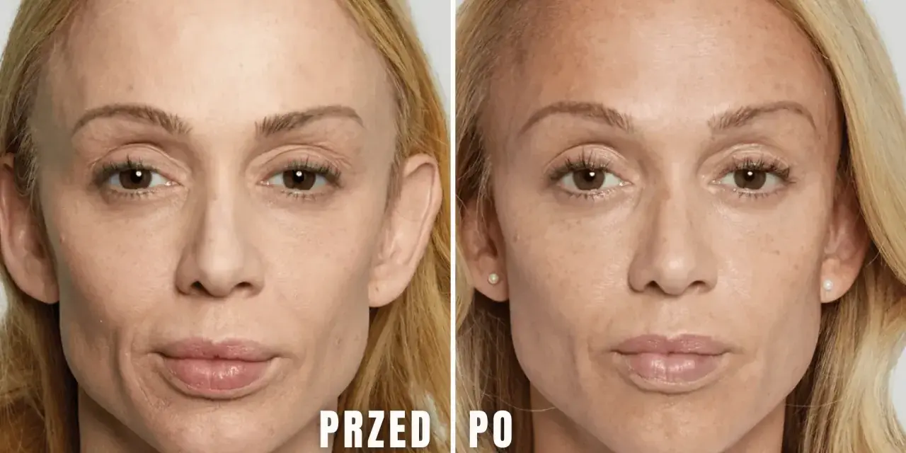 Przed i po zabiegu stymulatorami tkankowymi. Zmniejszenie widoczności zmarszczek i poprawa napięcia skóry. Bez powikłań.