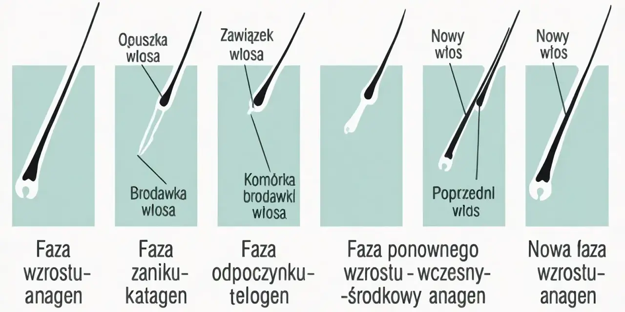 Cykl życia włosa: anagen, katagen, telogen. Widać mieszek włosowy, brodawkę i komórki tworzące nowy włos.