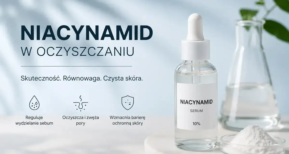 Szklana butelka z serum niacynamidowym, proszek w szalce Petriego i kolba laboratoryjna.