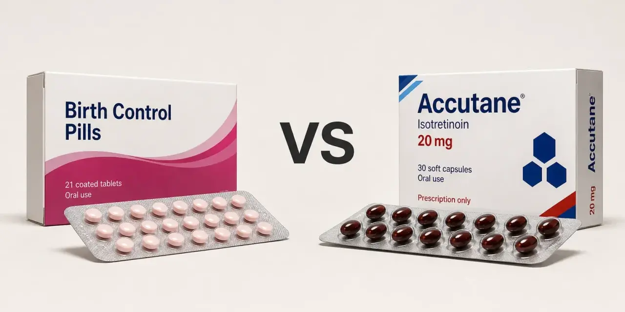 Porównanie tabletek antykoncepcyjnych i Accutane 20 mg. Dwa opakowania leków, jedno z różowymi tabletkami, drugie z brązowymi kapsułkami.