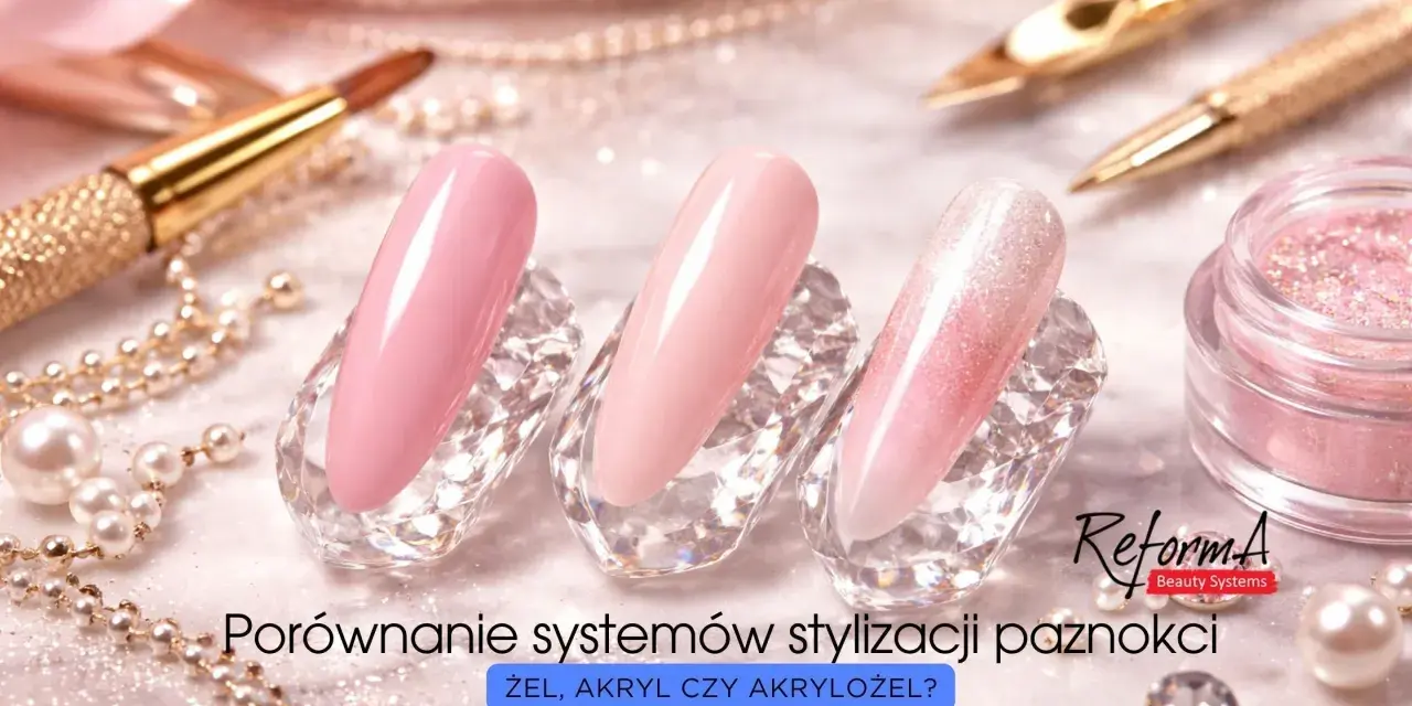 Porównanie stylizacji paznokci: żel, akryl czy akrylożel? Delikatne odcienie różu i brokatowe zdobienia.