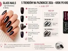 Paznokcie żelowe krok po kroku: nałóż kolor, top no-wipe, wcieraj pył chromowy, kolejny top no-wipe. Efekt lustra w domu.