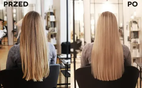 Przed i po: włosy przed zabiegiem były lekko falowane, po - idealnie proste i lśniące, w odcieniu złoty blond.