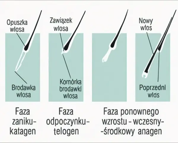 Cykl życia włosa: anagen, katagen, telogen. Widać mieszek włosowy, brodawkę i komórki tworzące nowy włos.