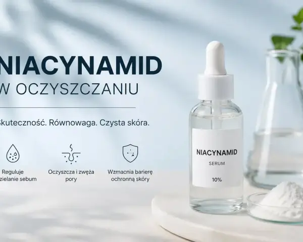 Szklana butelka z serum niacynamidowym, proszek w szalce Petriego i kolba laboratoryjna.