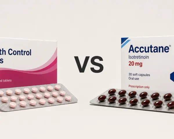 Porównanie tabletek antykoncepcyjnych i Accutane 20 mg. Dwa opakowania leków, jedno z różowymi tabletkami, drugie z brązowymi kapsułkami.