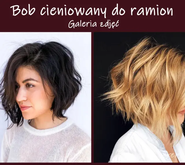 Dwie kobiety z modnym, warstwowym bobem do ramion. Jedna ma ciemne, druga blond włosy, obie z cieniowanym cięciem.