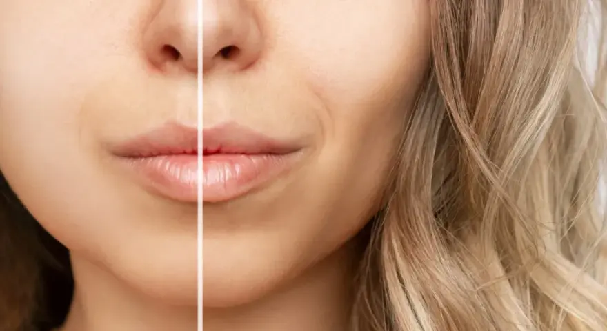 Przed i po zabiegu buccal fat removal: subtelne wygładzenie policzków, podkreślenie rysów twarzy.