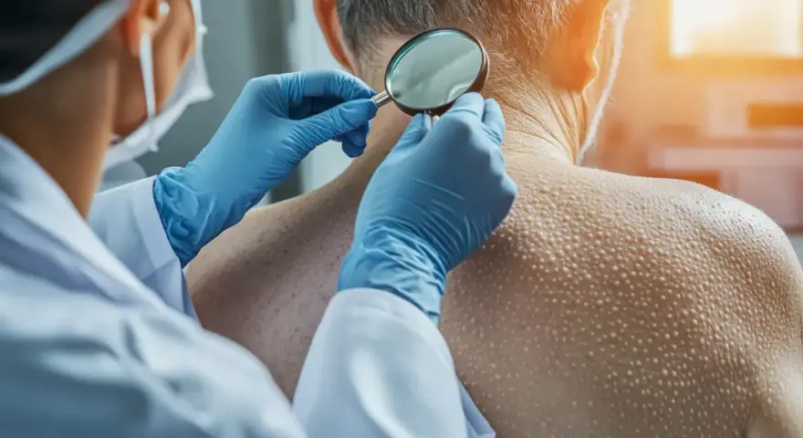 Dermatolog w rękawiczkach bada powiększoną lupą skórę szyi pacjenta z licznymi włókniakami.