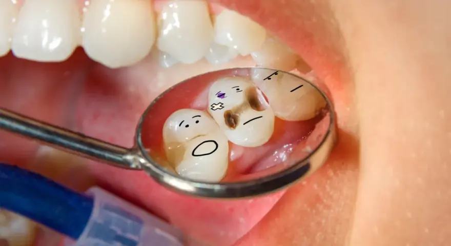 Zepsute zęby z narysowanymi buźkami w lusterku dentystycznym.