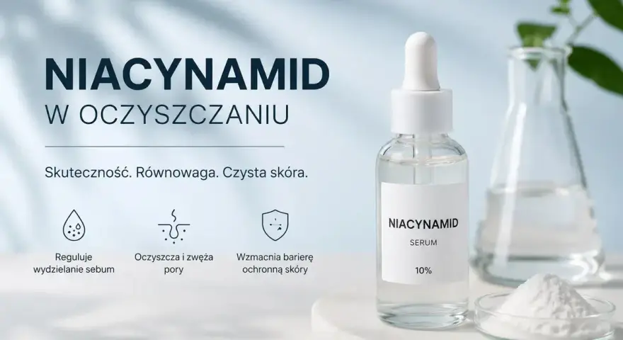 Szklana butelka z serum niacynamidowym, proszek w szalce Petriego i kolba laboratoryjna.