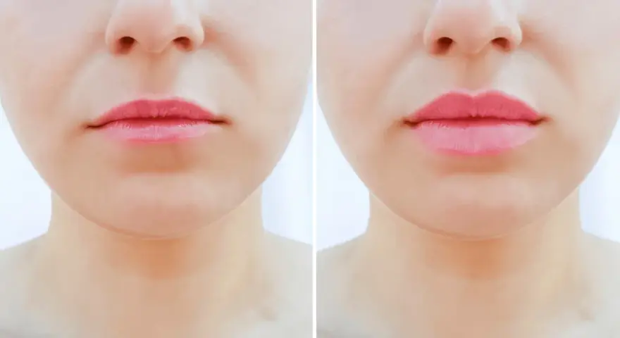 Przed i po zabiegu lip lift. Usta po zabiegu są pełniejsze i bardziej wyraziste, co podkreśla ich naturalne piękno.