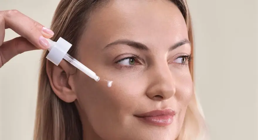 Kwas palmitynowy w kroplach serum pielęgnuje skórę kobiety, nadając jej blask.