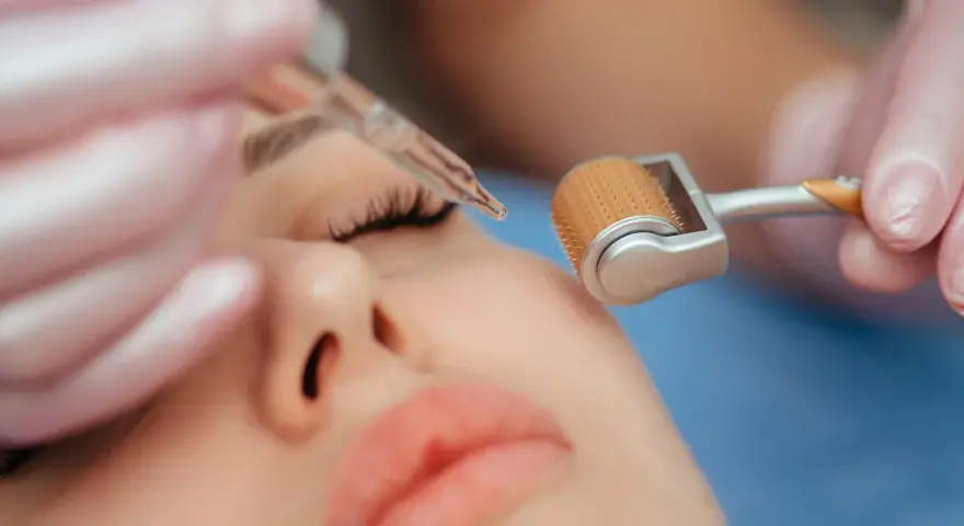 Dłoń w różowej rękawiczce aplikuje serum za pomocą pipety podczas zabiegu mezoterapii bezigłowej w domu z użyciem rollera.