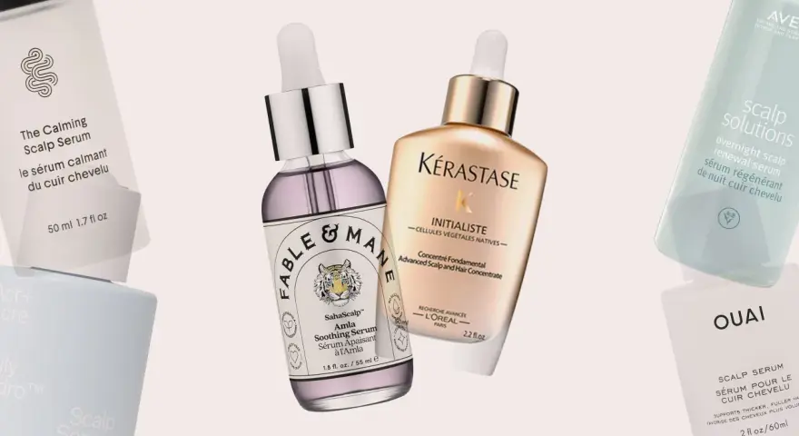 Kolekcja serum do skóry głowy: Fable & Mane, Kérastase, Aveda, Ouai. Każdy **cerkogel** obiecuje odżywienie i regenerację.