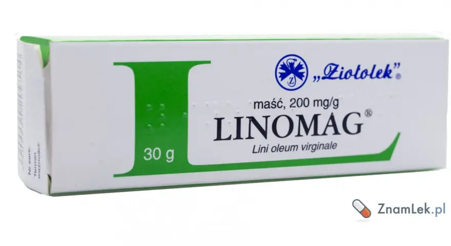 Opakowanie maści Linomag z zielonym elementem graficznym.