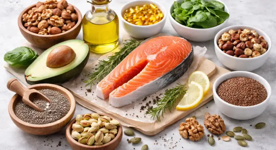 Łosoś, awokado, orzechy, nasiona i olej w miseczkach, źródła kwasów omega-3.