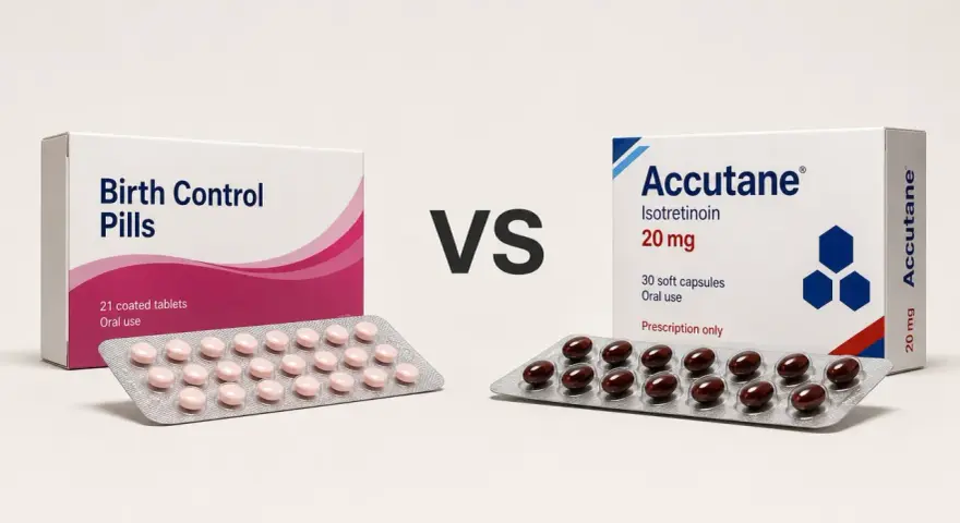 Porównanie tabletek antykoncepcyjnych i Accutane 20 mg. Dwa opakowania leków, jedno z różowymi tabletkami, drugie z brązowymi kapsułkami.