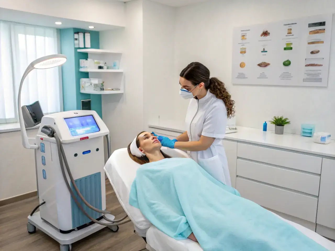 Zabieg z użyciem urządzenia laser ipl. Kosmetolog w masce wykonuje zabieg na twarzy pacjentki leżącej na łóżku.