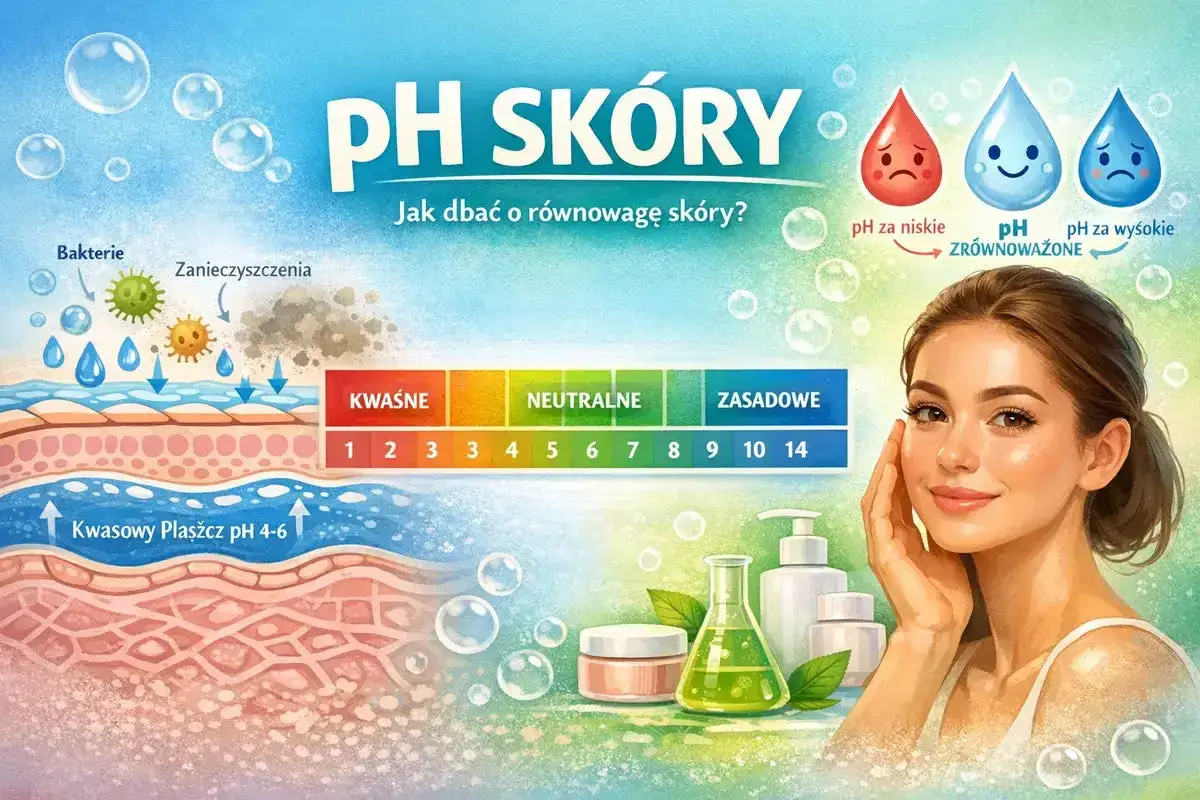 Ilustracja pokazuje warstwy skóry, skalę pH i zdrową cerę. Dbanie o równowagę skóry jest kluczowe.