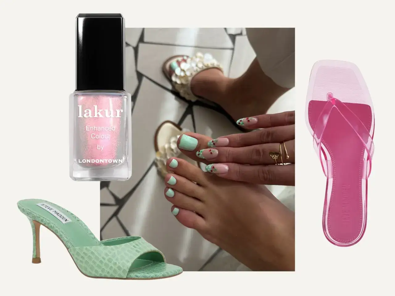 Letnie inspiracje: miętowy pedicure, paznokcie z wiśniami, różowe klapki i miętowe sandałki.