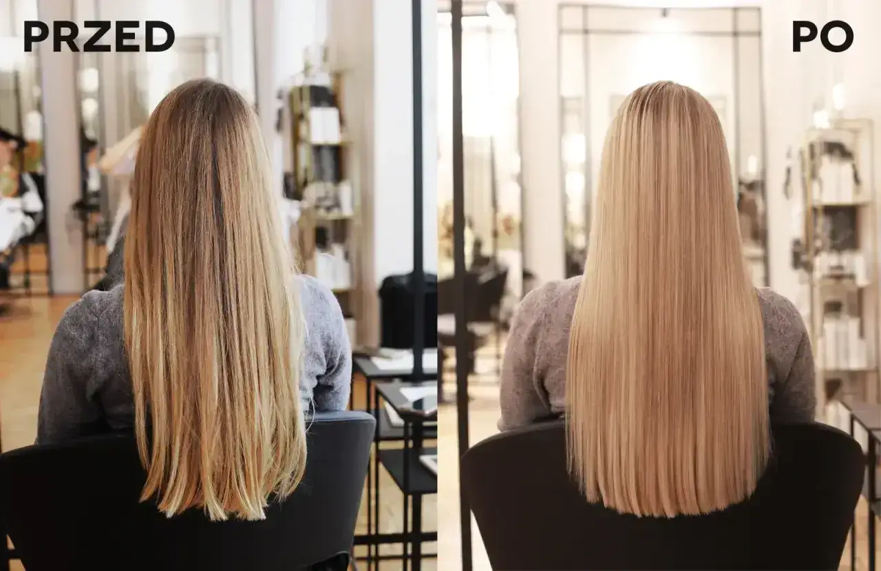 Przed i po: metamorfoza włosów po domowym tonowaniu. Blond pasma zyskały jednolity, lśniący odcień.