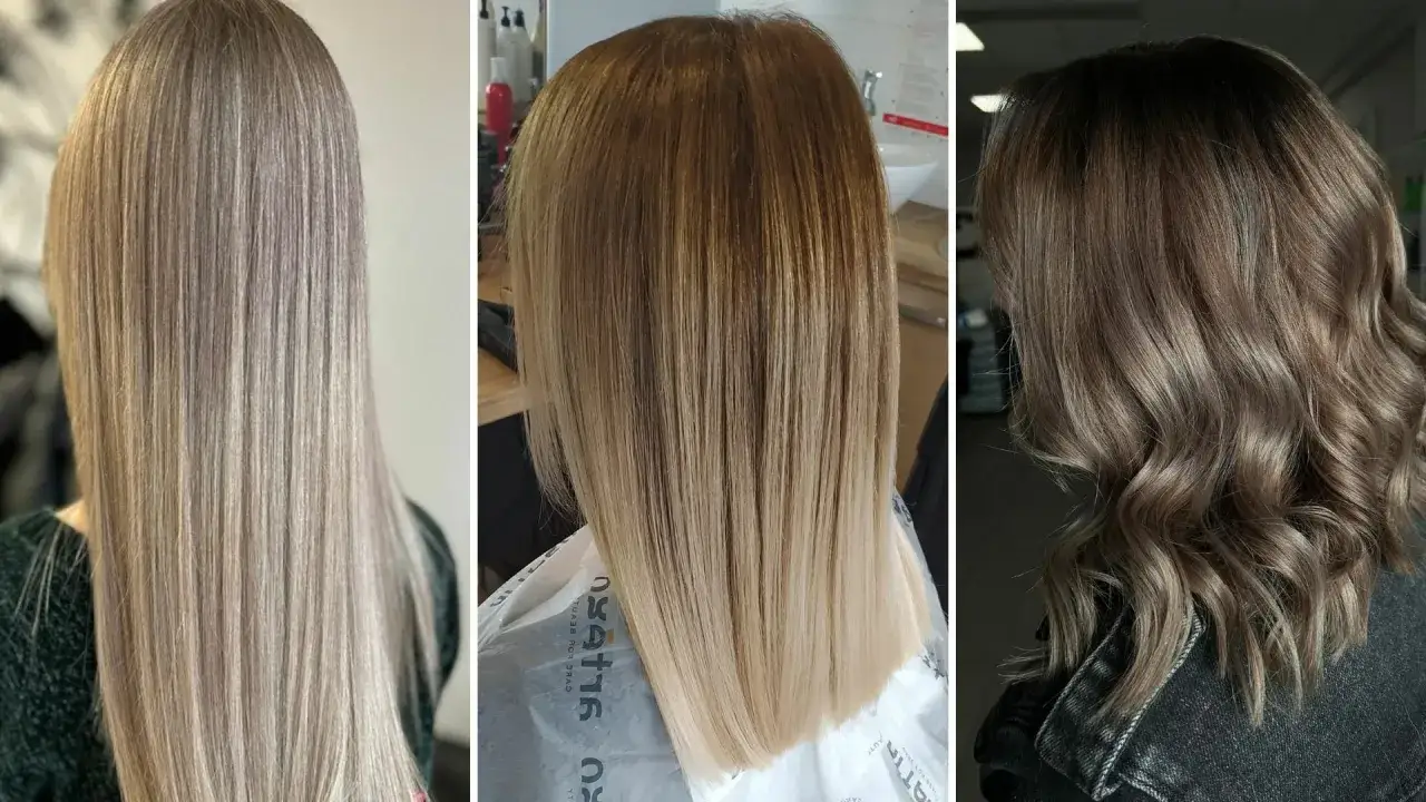 Trzy różne odcienie bronde włosów: jasny blond z refleksami, ciepły brąz przechodzący w blond oraz ciemny brąz z subtelnymi jaśniejszymi pasmami.