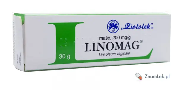 Opakowanie maści Linomag z zielonym elementem graficznym.