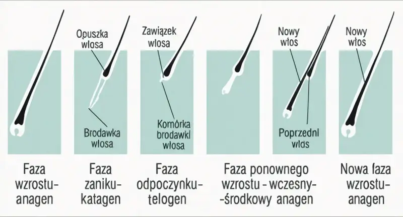 Cykl życia włosa: anagen, katagen, telogen. Widać mieszek włosowy, brodawkę i komórki tworzące nowy włos.