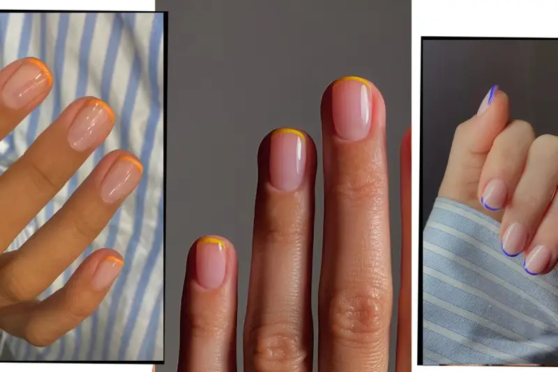 Krótki french z kolorowymi końcówkami: pomarańczowy, żółty i niebieski. Elegancki i nowoczesny manicure.